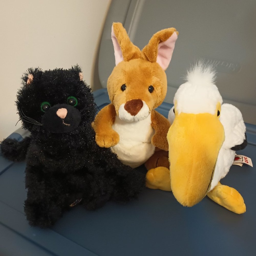 3 Ganz Webkinz Stuffed Animals (Black Cat HM13, Kangaroo HM180 & Pelican HM211)